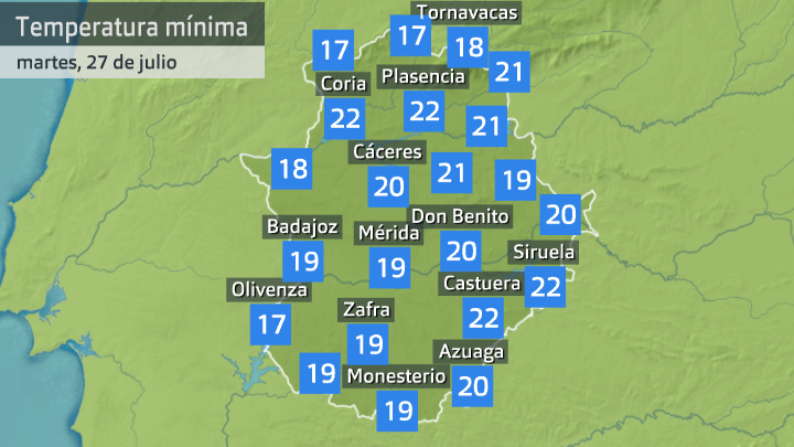 Temperatura mínima martes 27 de julio. Datos hasta las 6:30 h. Aemet, Meteoclimatic et al.