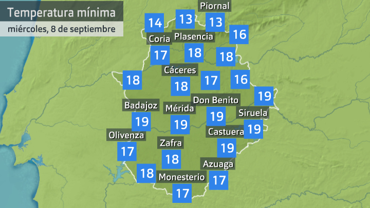 Temperatura mínima miércoles 8 de septiembre. Datos hasta las 7:20 h. Aemet, Meteoclimatic et al.