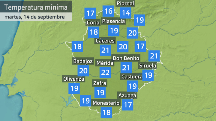 Temperatura mínima martes 14 de septiembre. Datos hasta las 7:20 h. Aemet, Meteoclimatic et al.