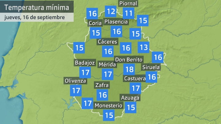 Temperatura mínima jueves 16 de septiembre. Datos hasta las 6:40 h. Aemet, Meteoclimatic et al.