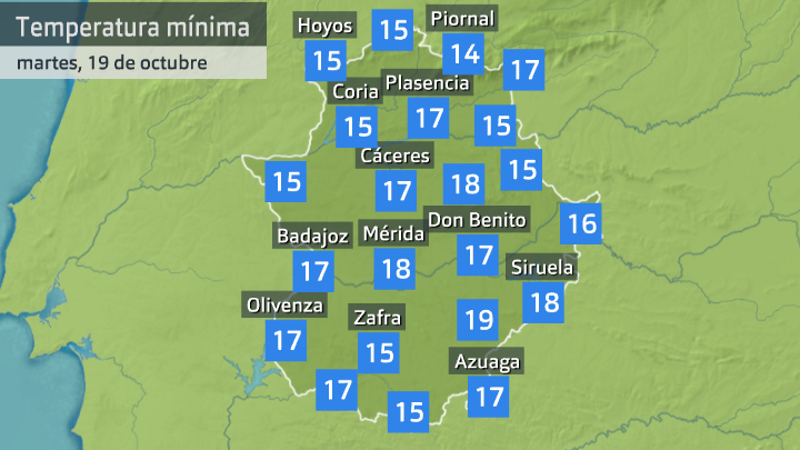 Temperatura mínima martes 19 de octubre. Datos hasta las 6:40 h. Aemet, Meteoclimatic et al.