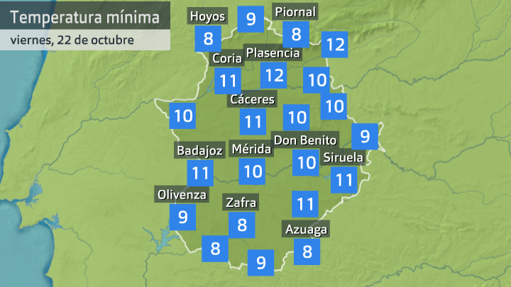 Temperatura mínima viernes 22 de octubre. Datos hasta las 6:40 h. Aemet, Meteoclimatic et al.