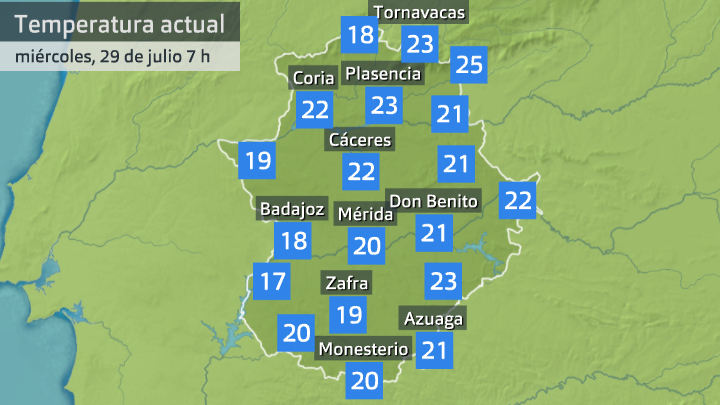 Temperatura a las 7 h miércoles 29 de julio. Datos de Aemet y Meteoclimatic