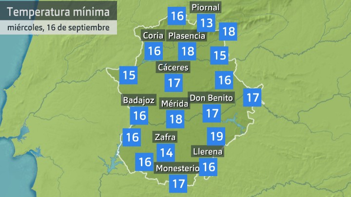 Temperatura mínima miércoles 16 de septiembre. Datos de Aemet y Meteoclimatic 7 h