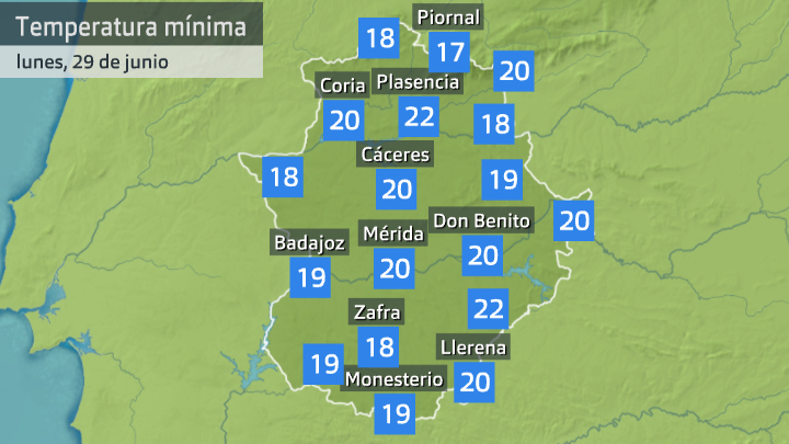 Temperatura mínima lunes 29 de junio. Datos de Aemet y Meteoclimatic