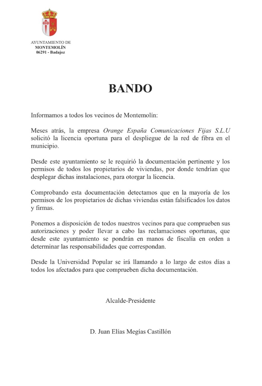 Bando emitido en Montemolín