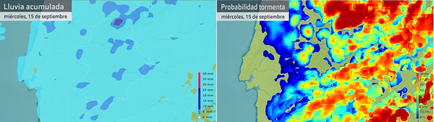 Lluvia acumulada prevista y probabilidad de tormentas para hoy miércoles 15 de septiembre