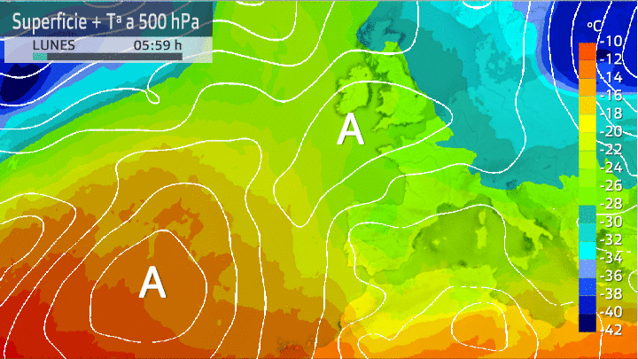 Mapa de superficie + temperatura a 500 hPa. Evolución para las próximas horas