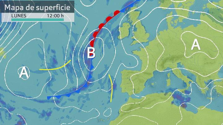 Situación en superficie y a 500 hPa para las 12h de hoy lunes 14 de septiembre