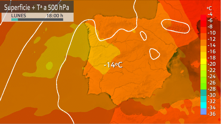 Mapa de superficie + temperatura a 500 hPa. Evolución para los próximos días