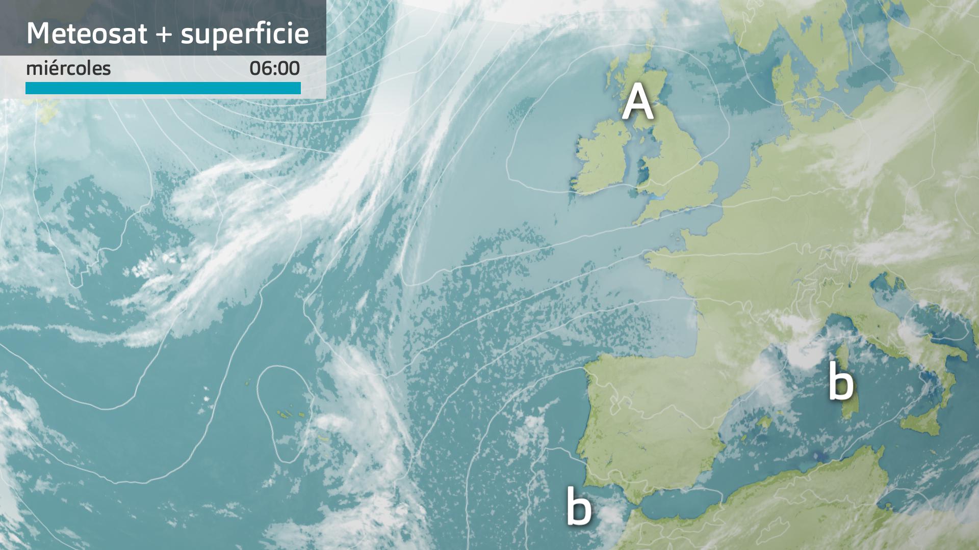 Imagen del Meteosat + mapa de superficie miércoles 11 de diciembre 6 h.