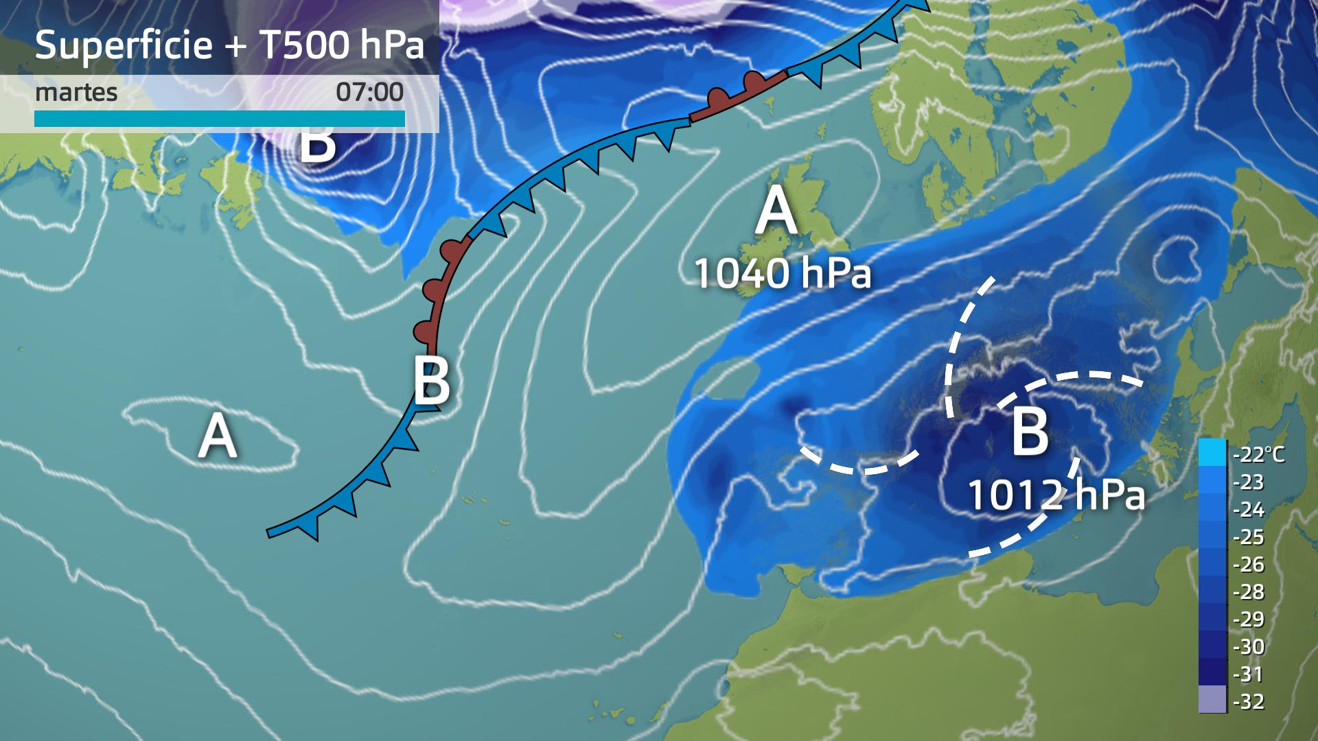 Mapa de superficie + temperatura a 500 hPa martes 10 de diciembre 7 h.