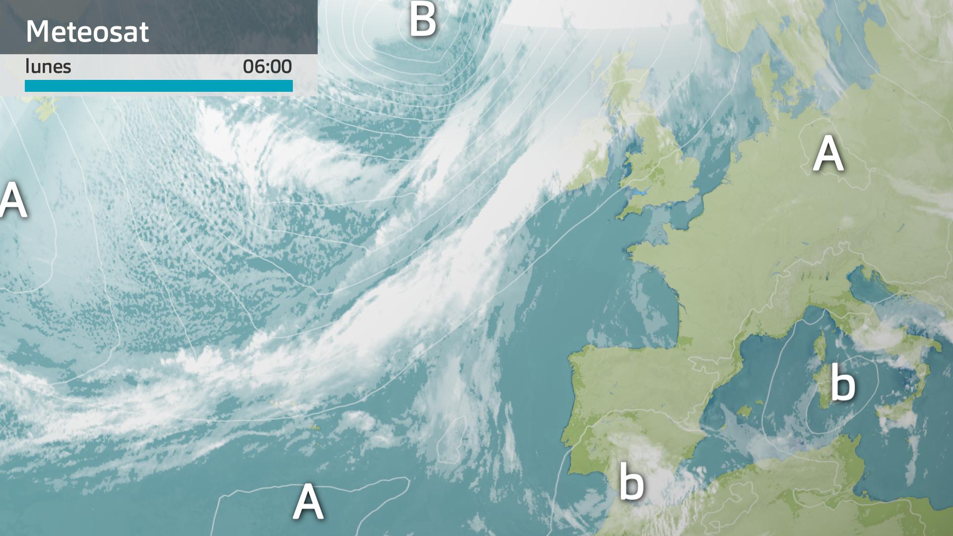 Imagen del Meteosat + mapa de superficie lunes 3 de febrero 6 h.