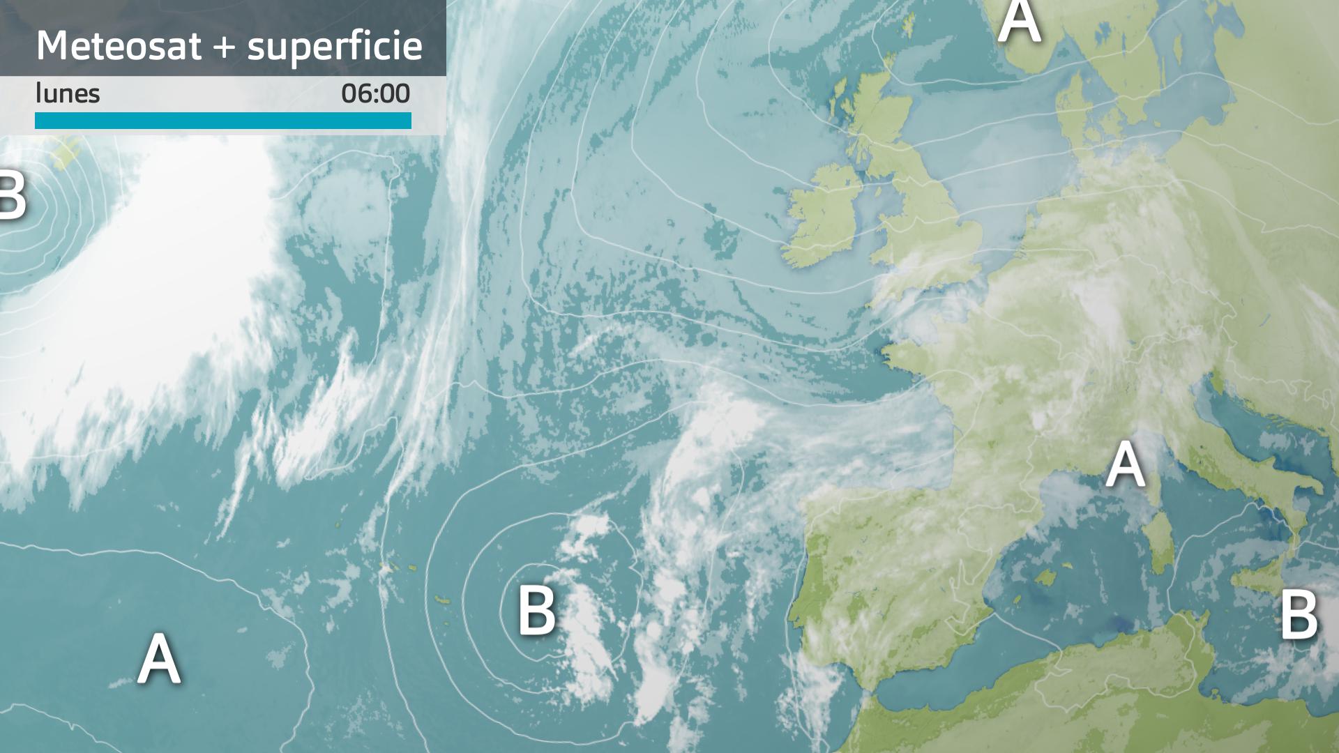 Imagen del Meteosat + mapa de superficie lunes 10 de febrero 6 h.