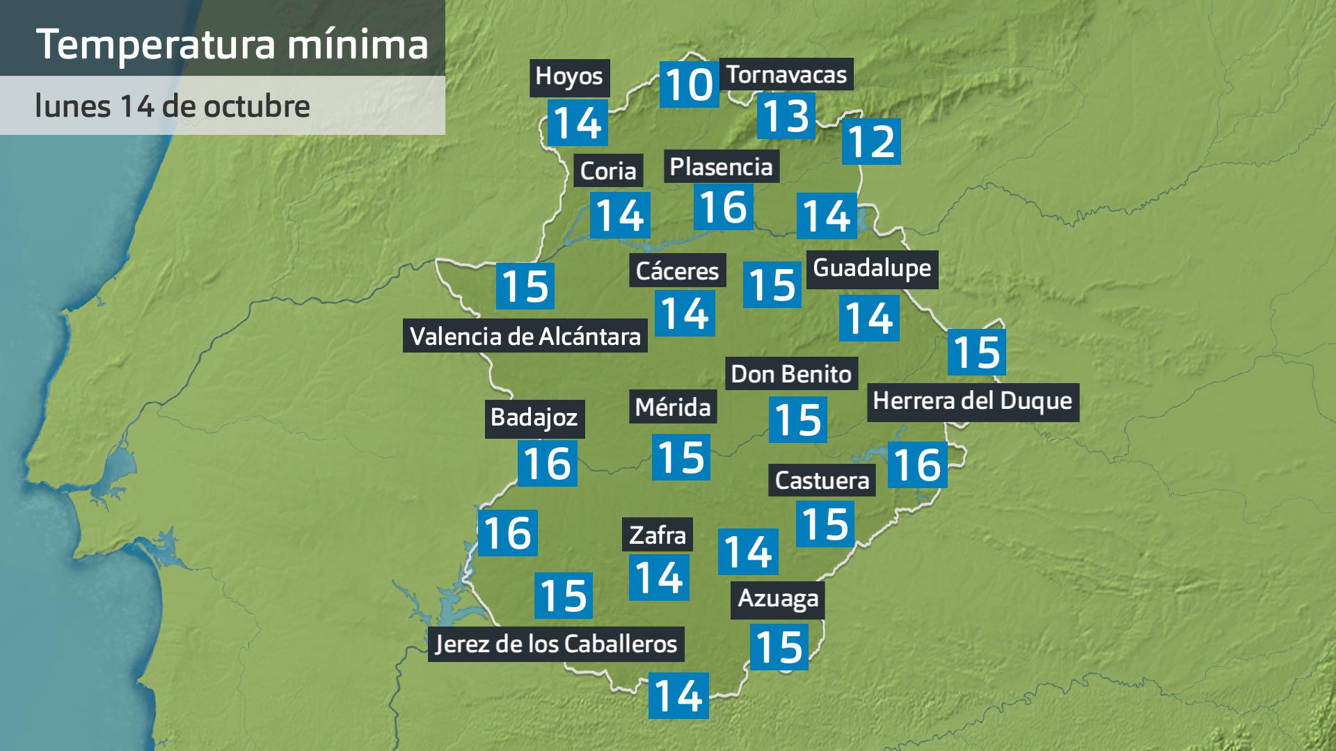 Temperatura mínima lunes 14 de octubre 6 h. Datos hasta las 6:45 h. Aemet, Meteoclimatic et al.