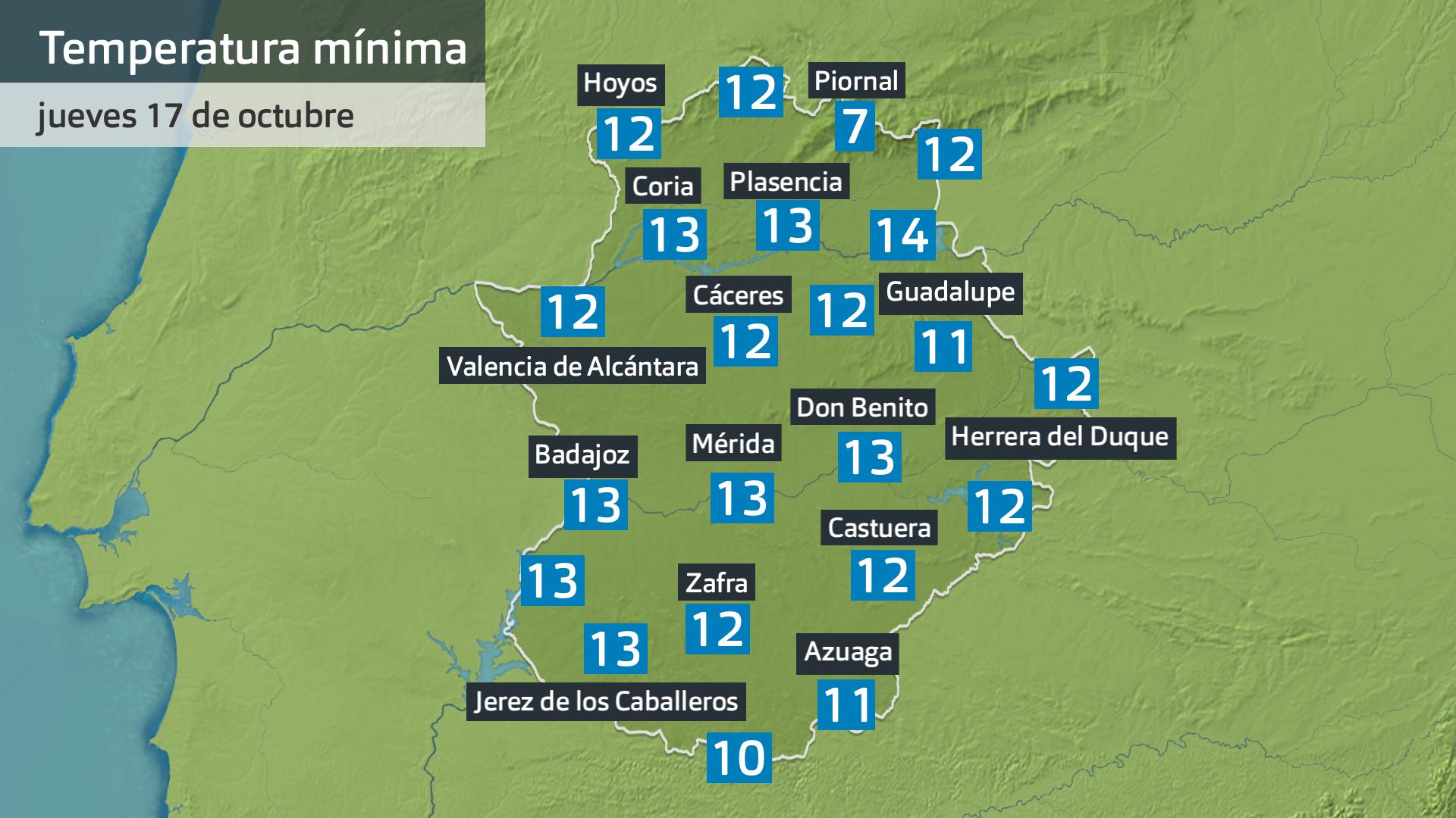 Temperatura mínima jueves 17 de octubre 6 h. Datos hasta las 6:45 h. Aemet, Meteoclimatic et al.