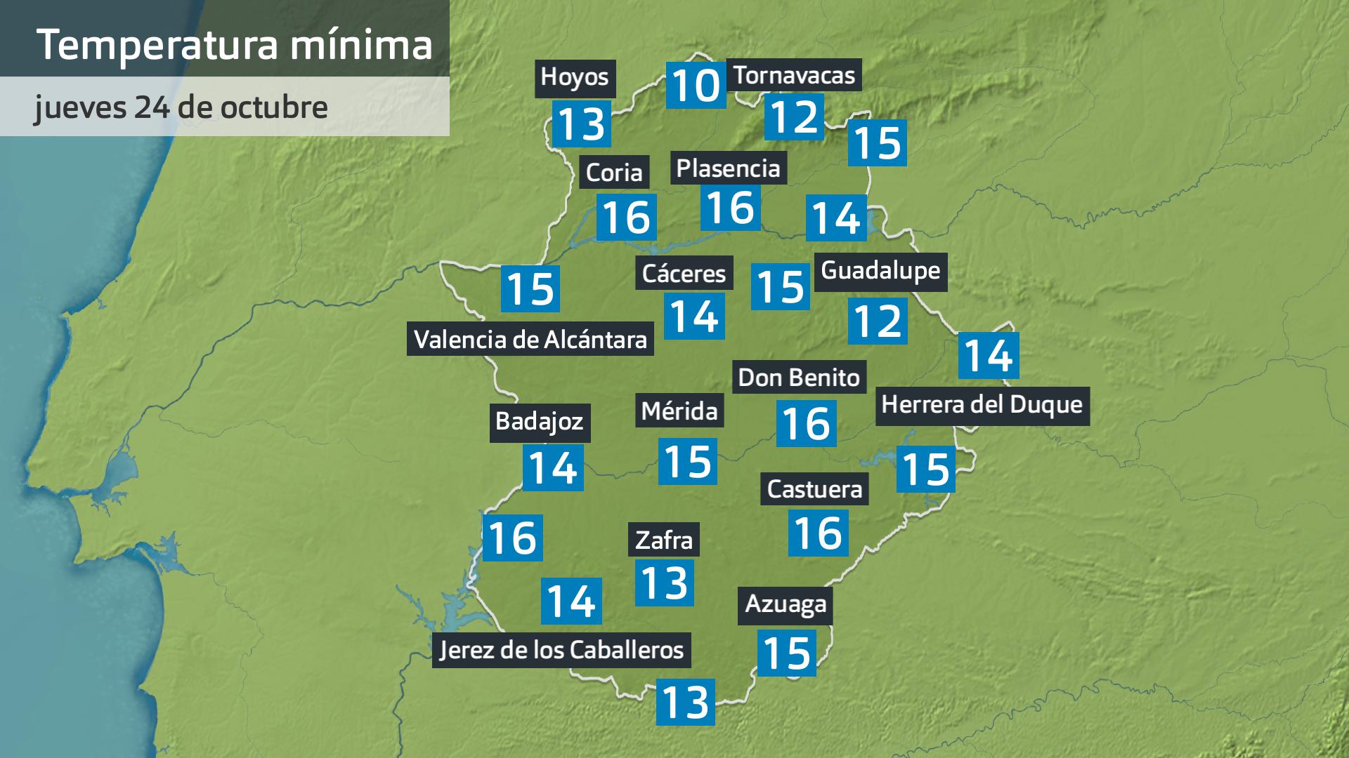 Temperatura mínima jueves 24 de octubre. Datos hasta las 6:45 h. Aemet, Meteoclimatic et al.