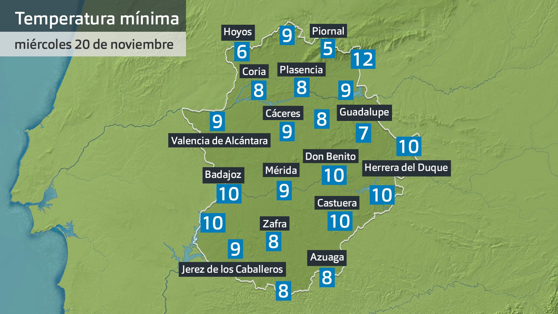 Temperatura mínima miércoles 20 de noviembre. Datos hasta las 6:45 h. Aemet, Meteoclimatic et al.