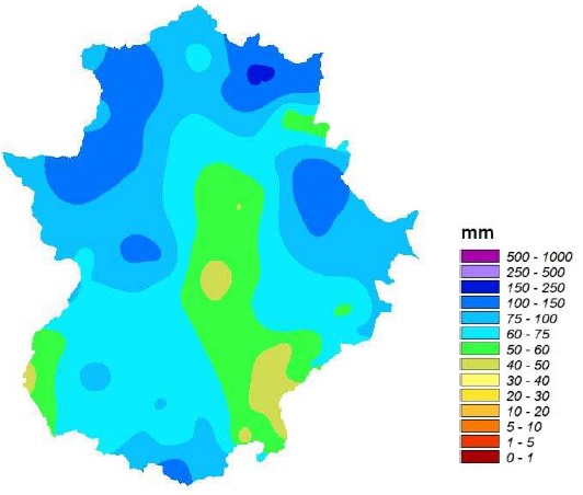 FIG. 1. Precipitación acumulada en Extremadura durante el mes de marzo de 2020. Fuente: AEMET Extremadura