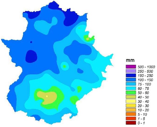 FIG. 3. Precipitación acumulada en Extremadura durante el mes de abril de 2020. Fuente: AEMET Extremadura