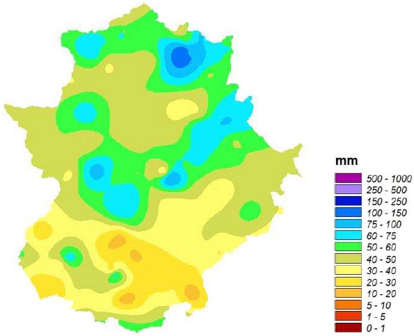 FIG. 5. Precipitación acumulada en Extremadura durante el mes de mayo de 2020. Fuente: AEMET Extremadura