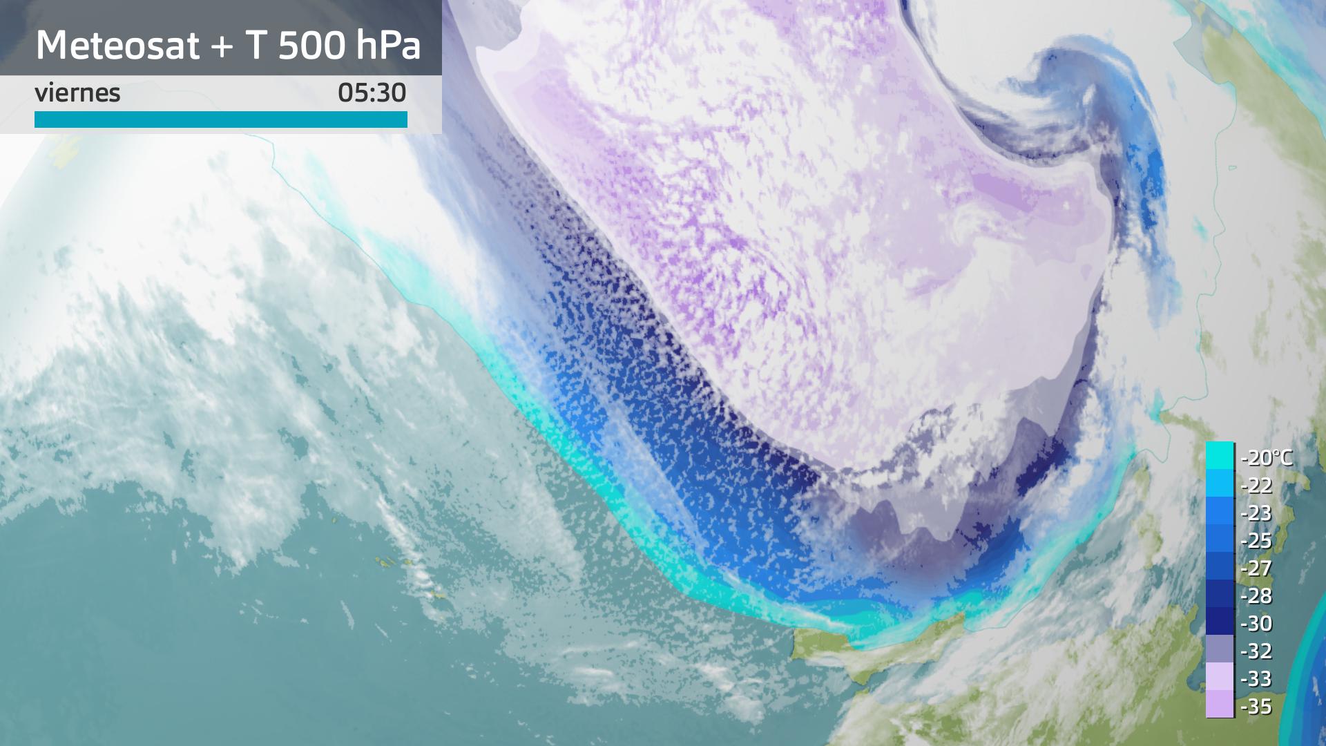 Imagen del Meteosat + temperatura a 500 hPa viernes 23 de febrero 5:30 h.