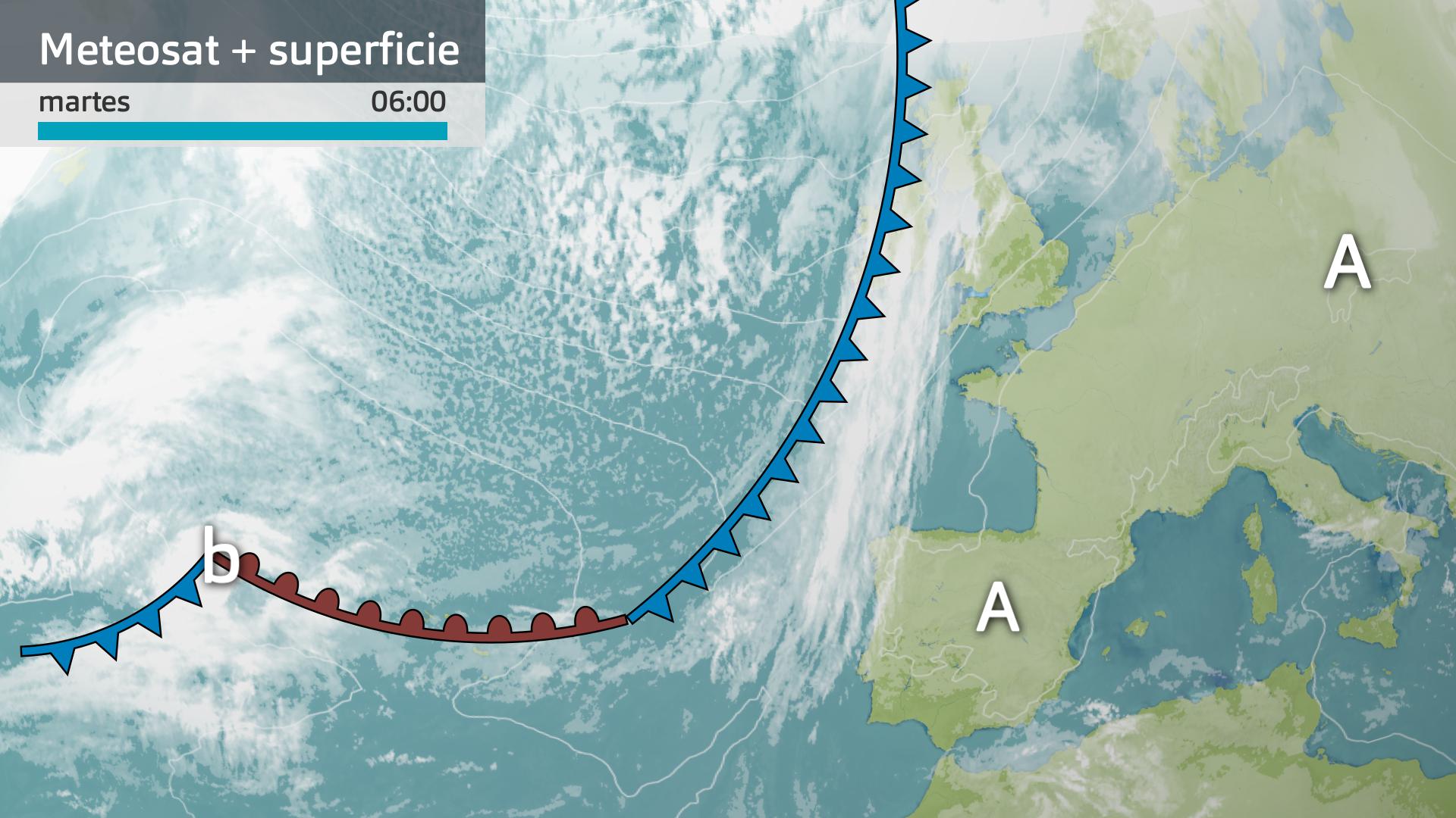 Imagen del Meteosat + mapa de superficie martes 4 de febrero 6 h.
