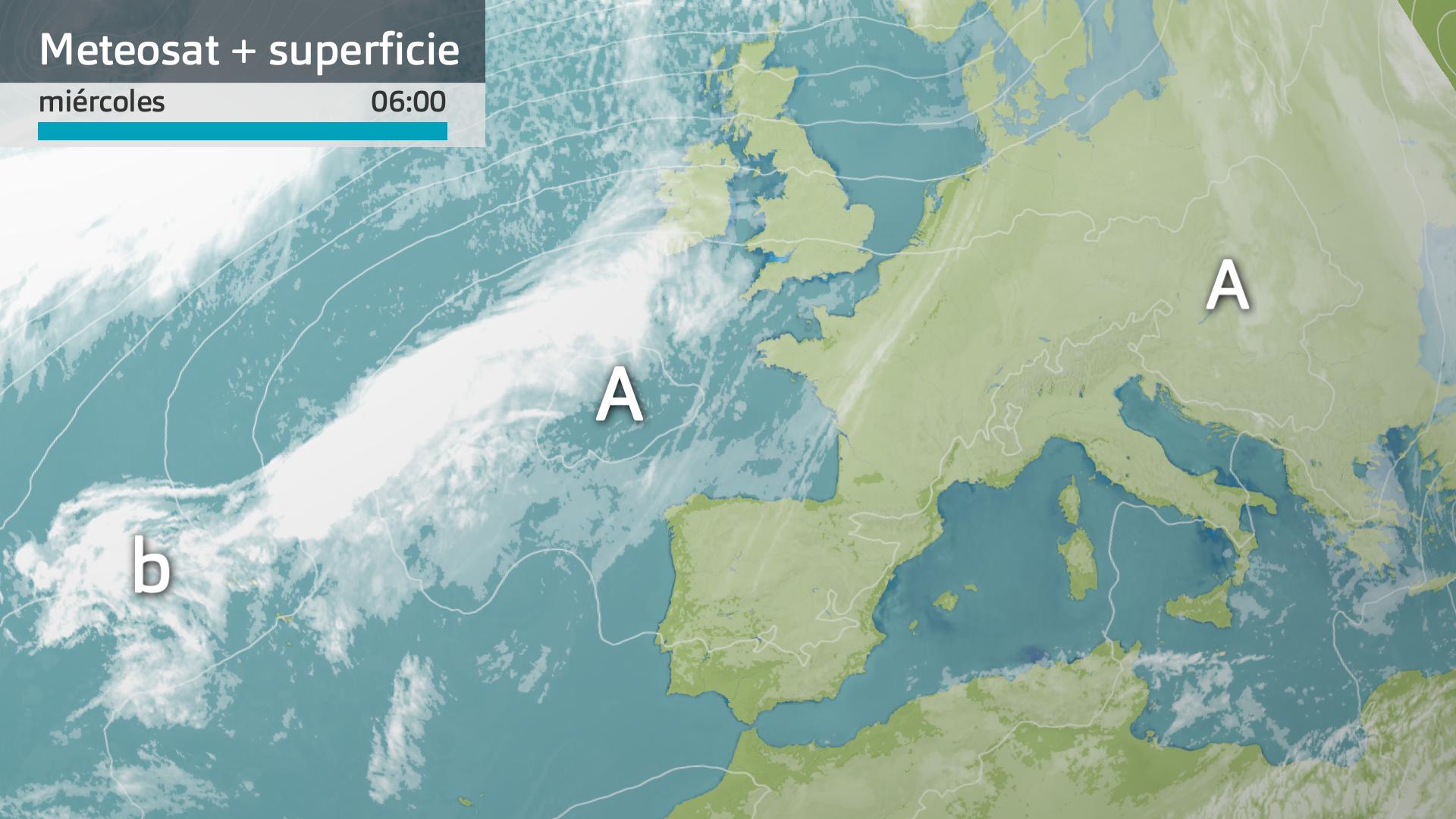 Imagen del Meteosat + mapa de superficie miércoles 5 de febrero 6 h.