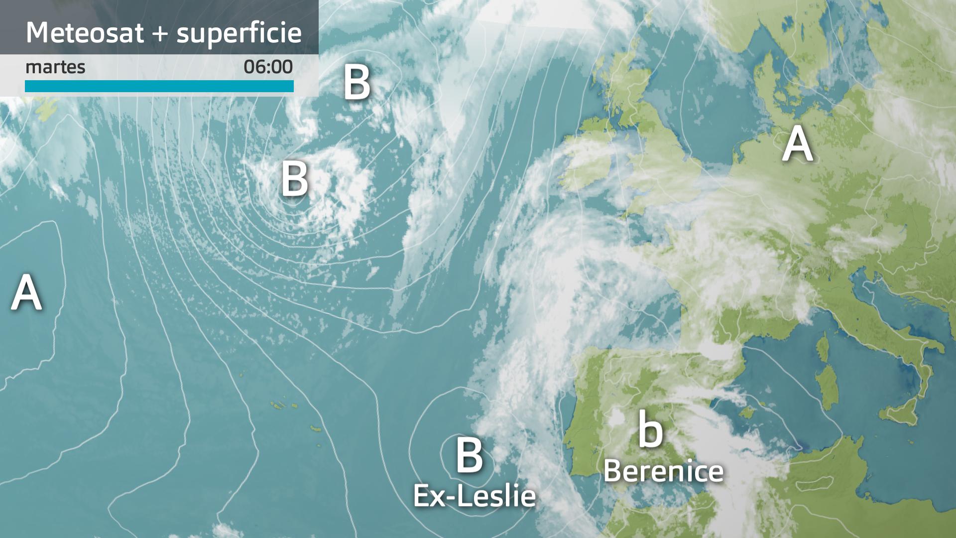 Imagen del Meteosat + mapa de superficie martes 15 de octubre 6 h.