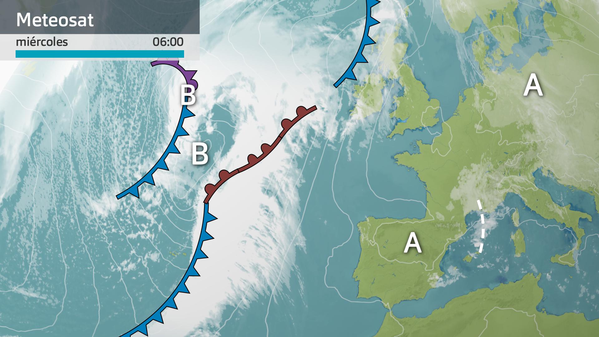 Imagen del Meteosat + mapa de superficie miércoles 6 de noviembre 6 h.