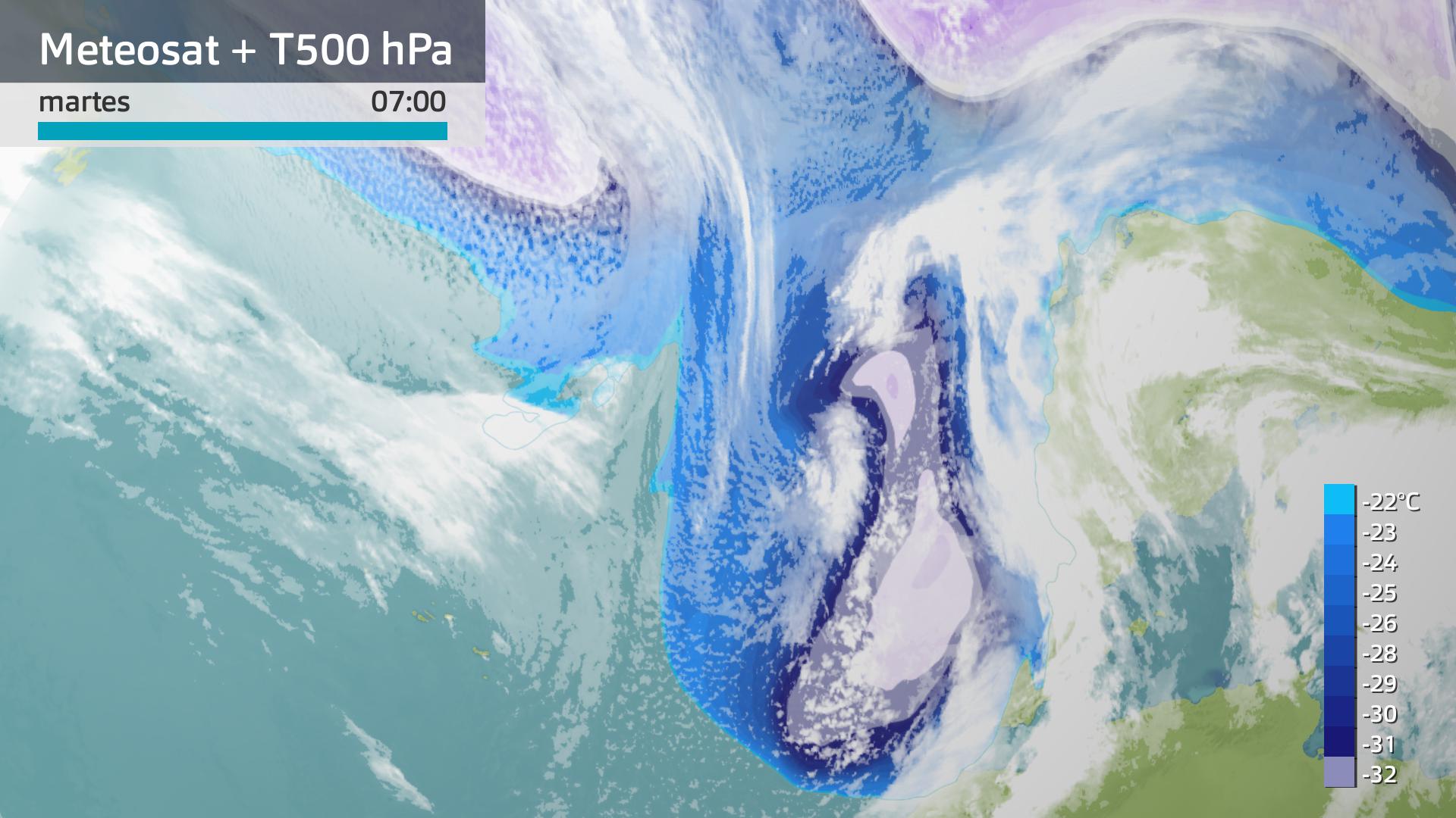 Imagen del Meteosat + temperatura a 500 hPa martes 26 de marzo 7 h.