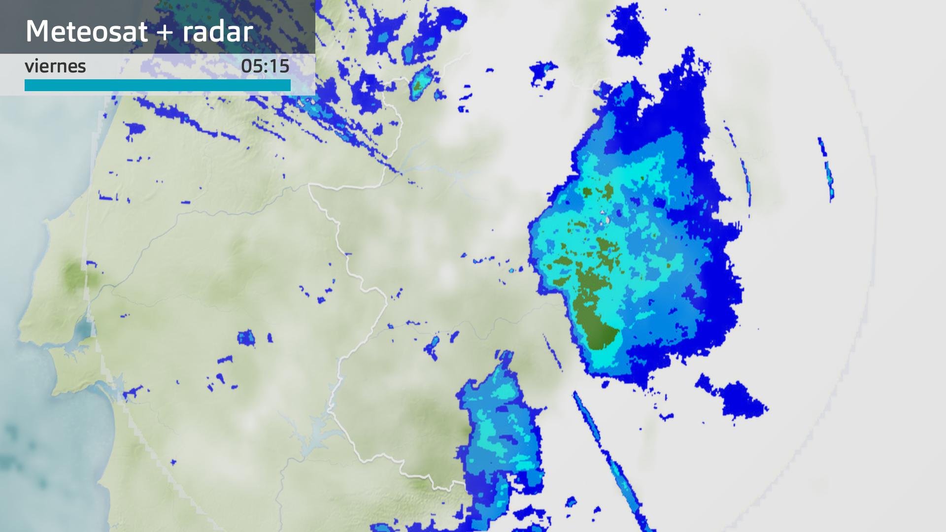 Imagen del Meteosat + radar meteorológico viernes 9 de febrero 5:15 h.