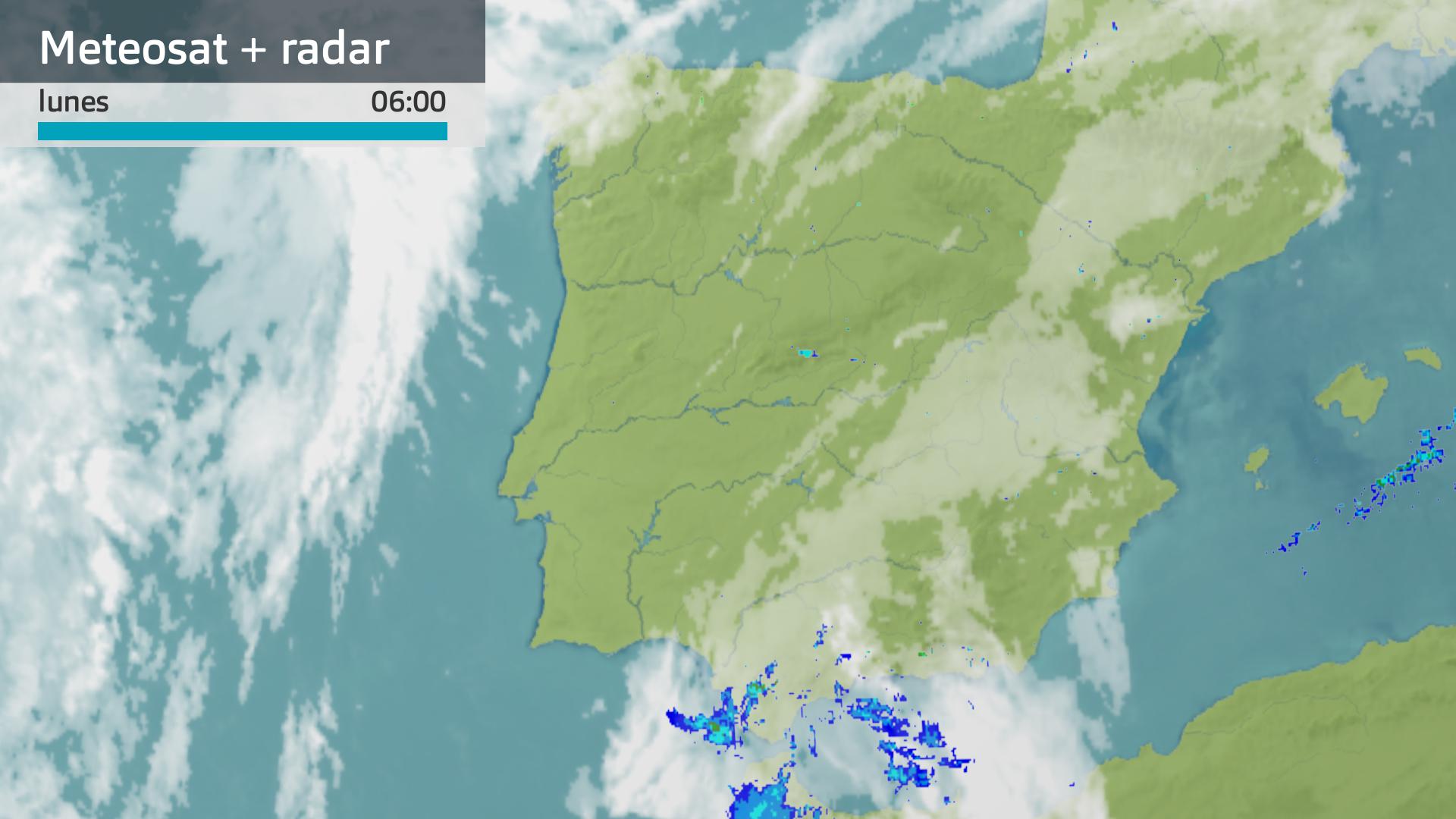 Imagen del Meteosat + radar meteorológico lunes 14 de octubre 6 h.