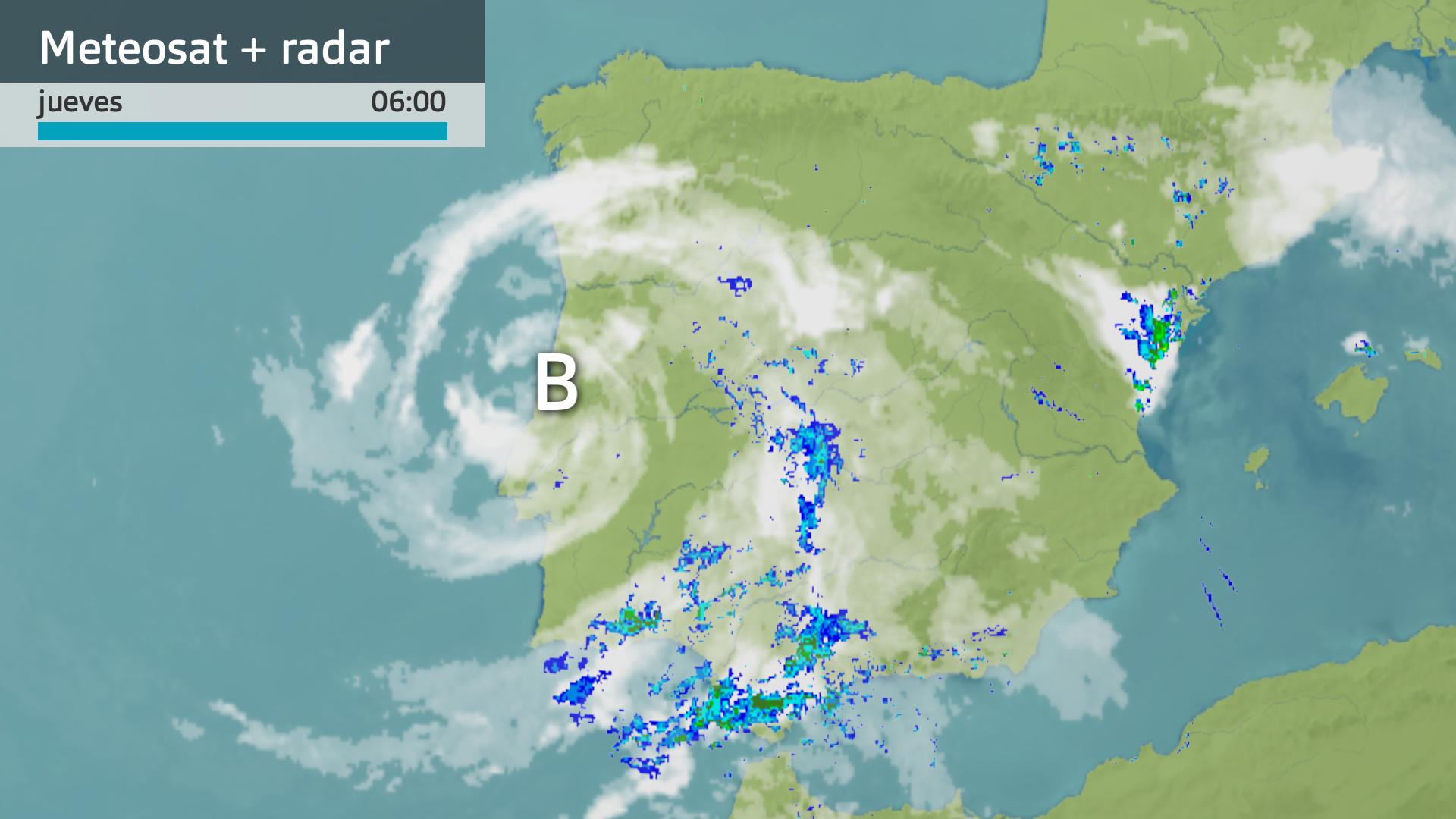 Imagen del Meteosat + radar meteorológico jueves 31 de octubre 6 h.