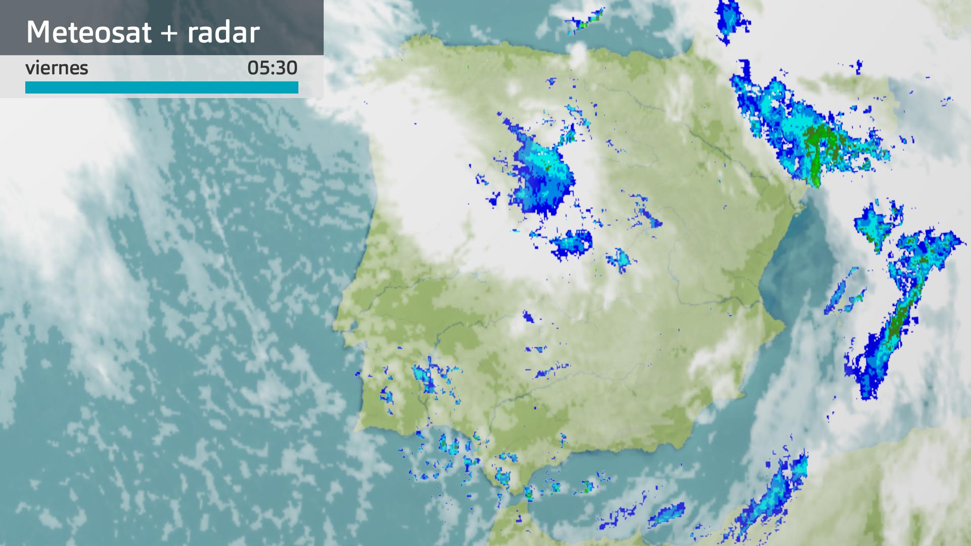 Imagen del Meteosat + radar meteorológico viernes 8 de marzo 5:30 h.
