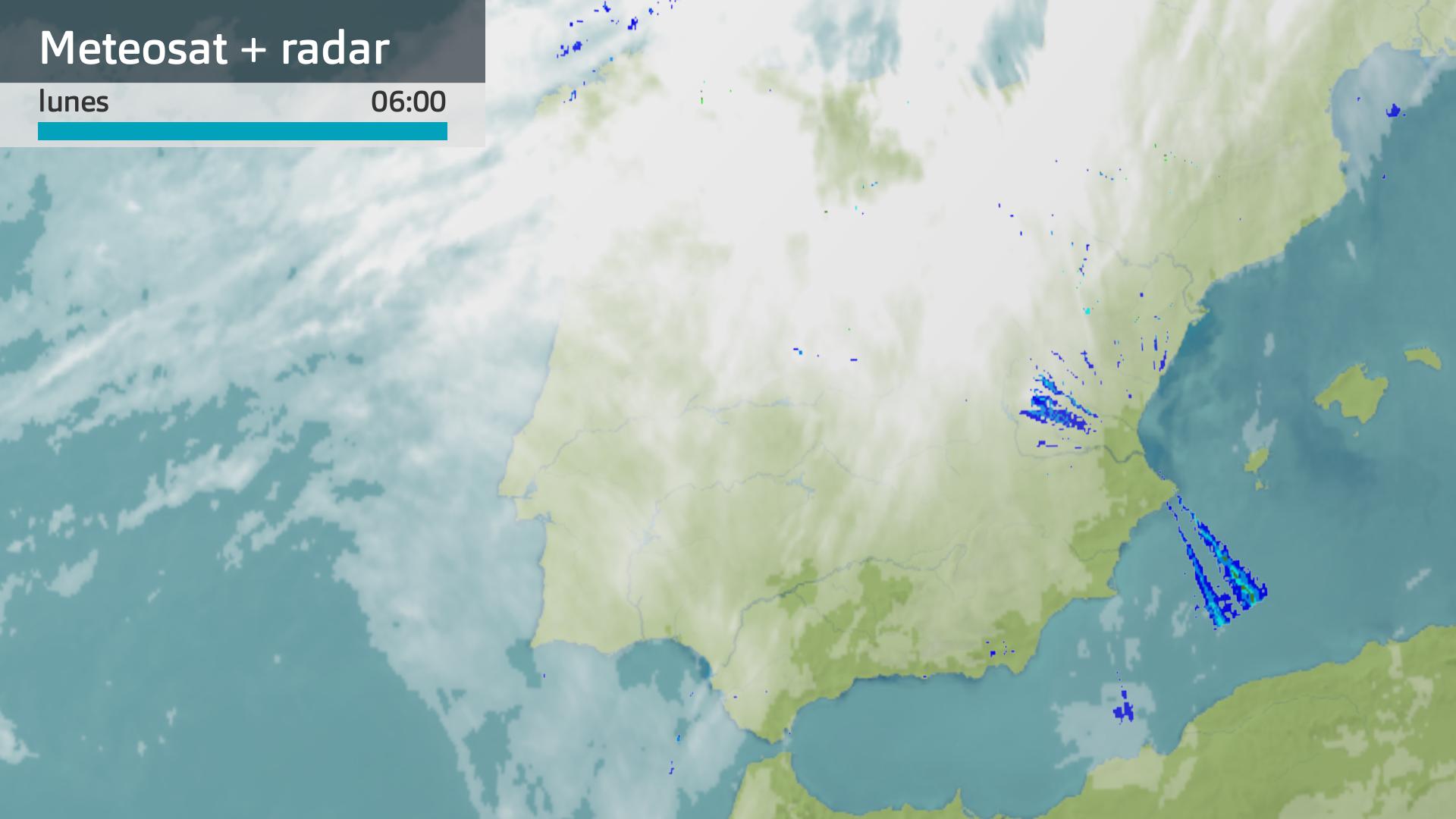 Imagen del Meteosat + radar meteorológico lunes 24 de febrero 6 h.