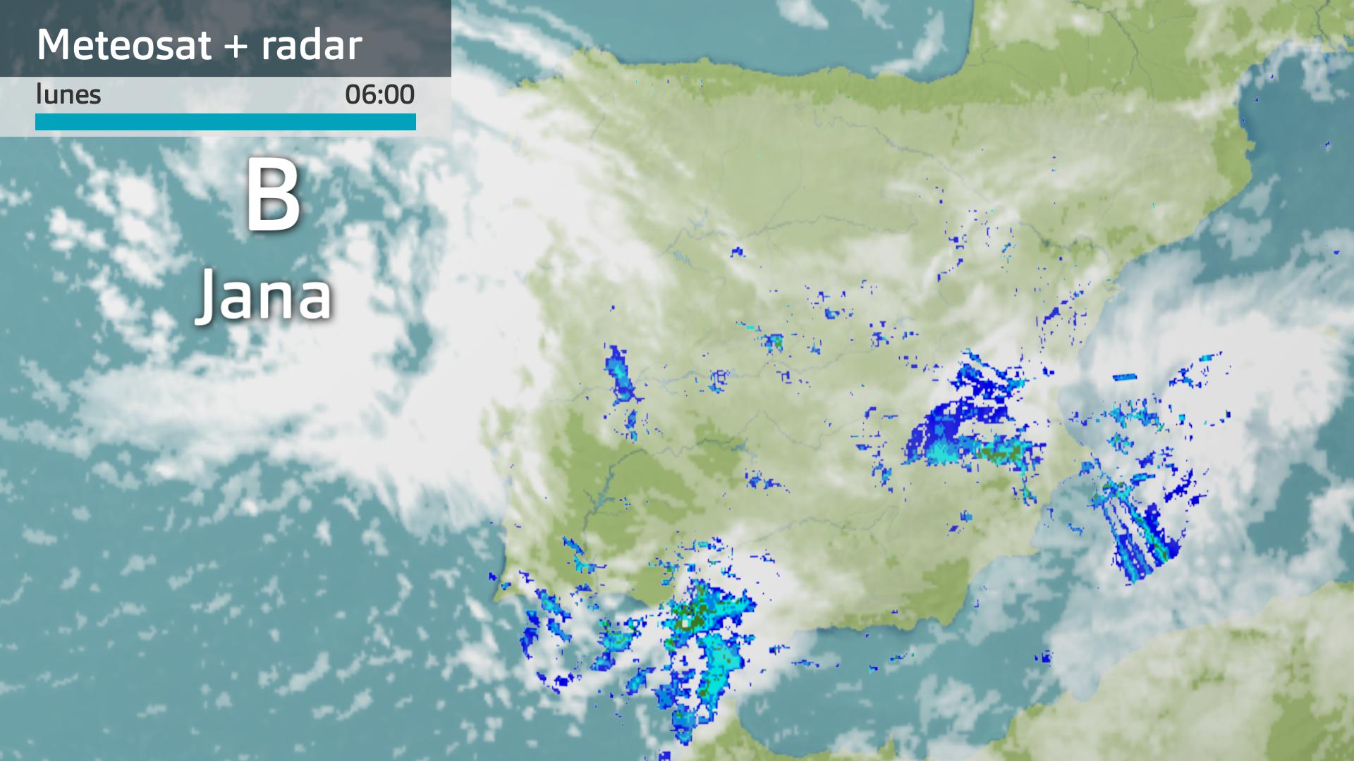 Imagen del Meteosat + radar meteorológico lunes 10 de marzo 6 h.