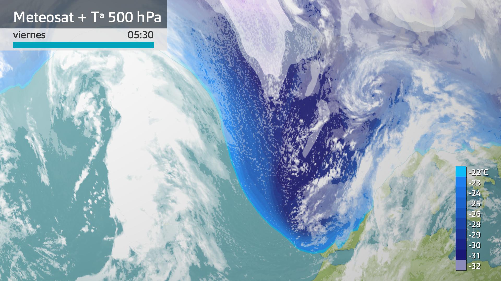 Imagen del Meteosat + temperatura a 500 hPa (5500 m aprox) viernes 5 de enero 5:30 h.