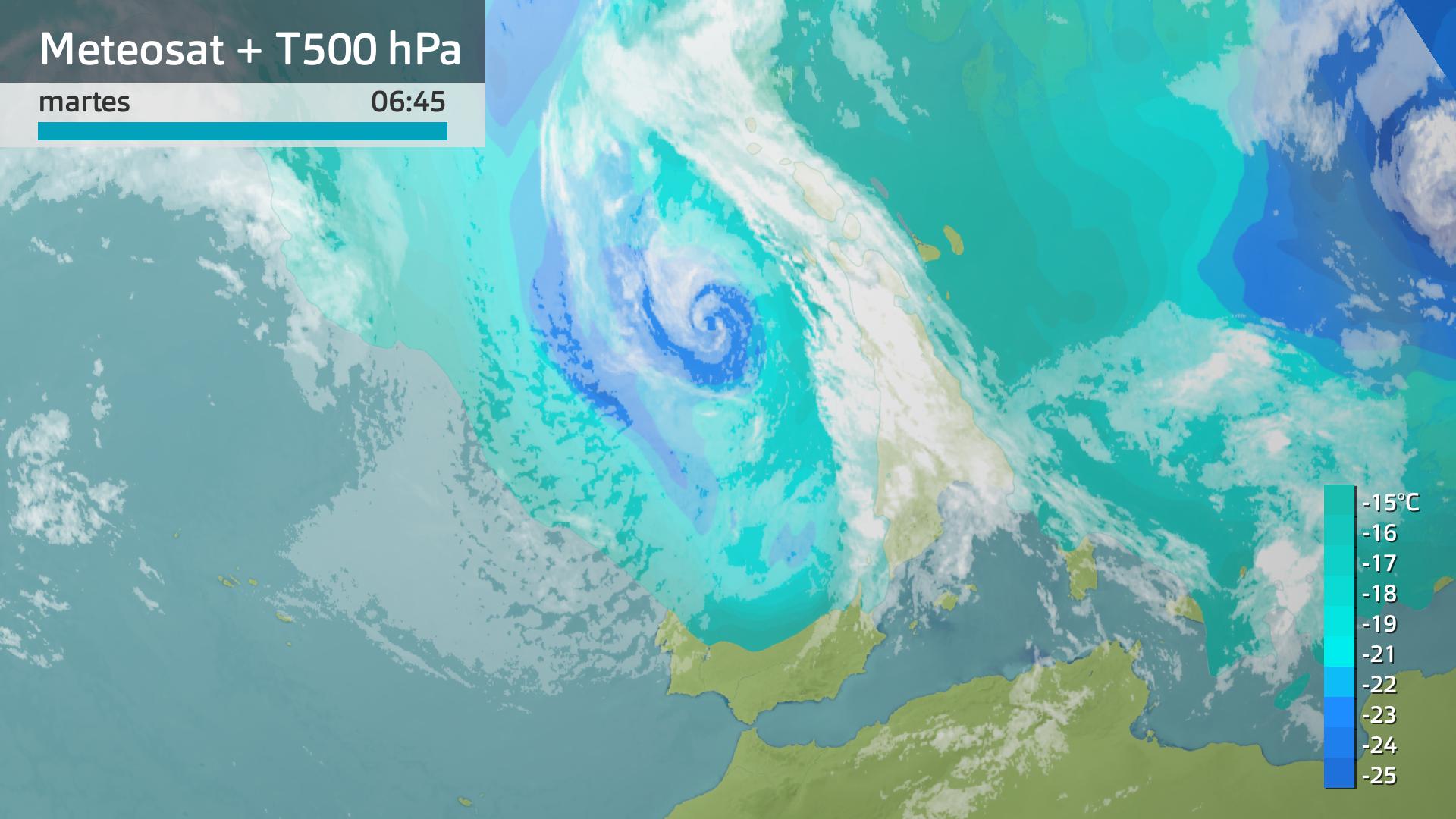Imagen del Meteosat + temperatura a 500 hPa martes 14 de mayo 6:45 h.
