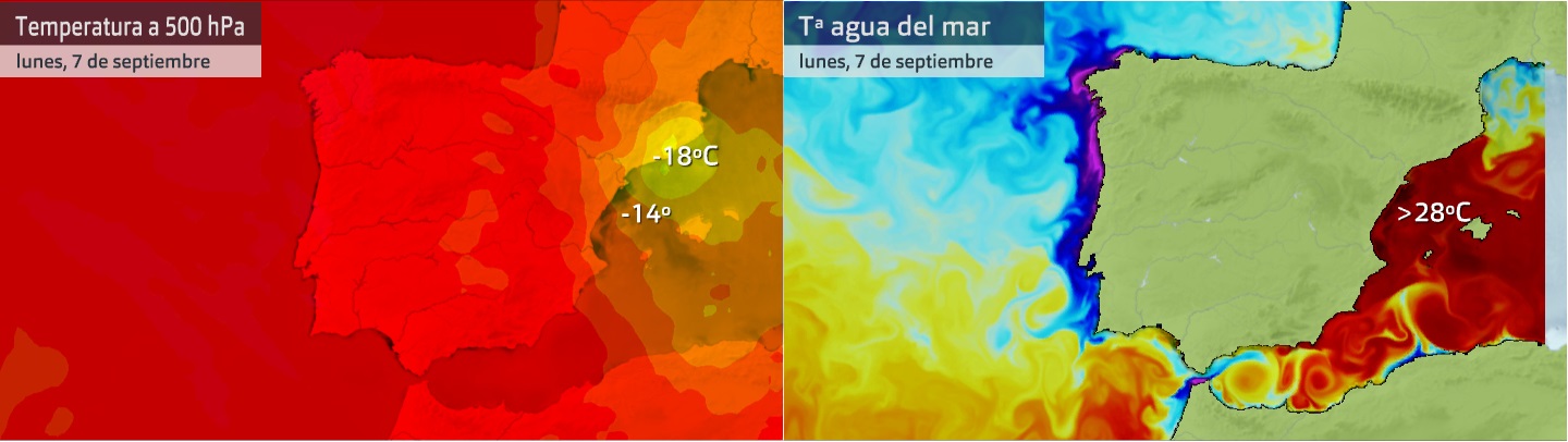 Temperaturas a 500 hPa (~5500 m) y en la superficie del mar. Datos temperatura del mar, Puertos del Estado