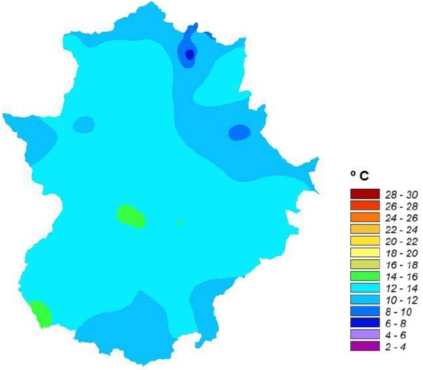 FIG. 2. Temperatura media en Extremadura durante el mes de marzo de 2020. Fuente: AEMET Extremadura