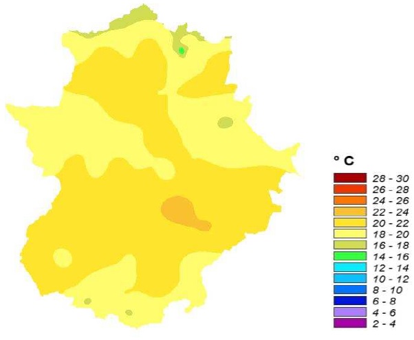 FIG. 7. Temperatura media en Extremadura durante el mes de mayo de 2020. Fuente: AEMET Extremadura