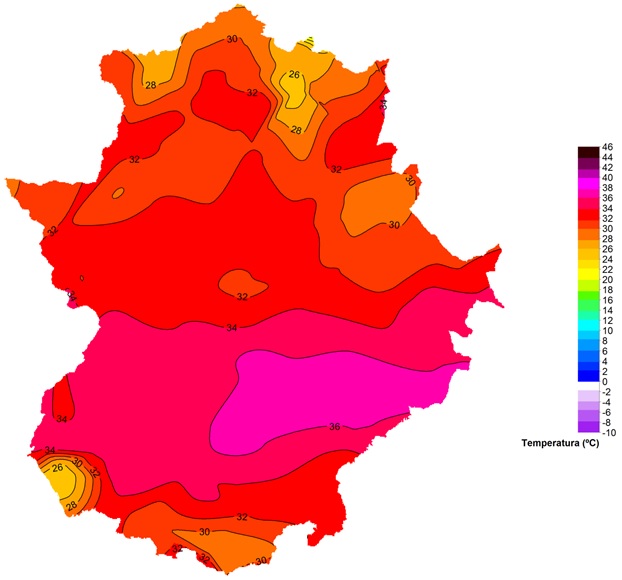 FIG. 6. Temperatura máxima alcanzada el 24 de mayo de 2020. Fuente: AEMET Extremadura