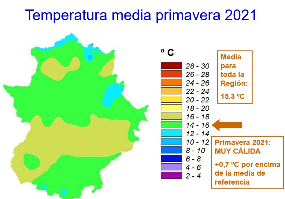 Temperatura media de la primavera 2021.Fuente: AEMET Extremadura
