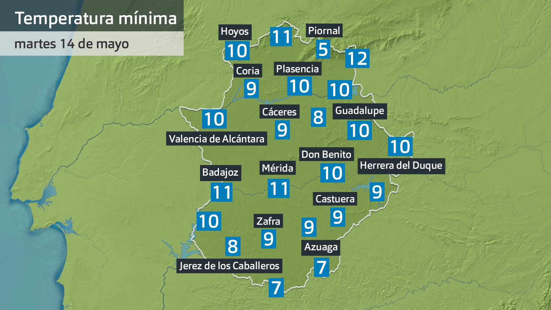 Temperatura mínima martes 14 de mayo. Datos hasta las 7:45 h. Aemet, Meteoclimatic et al.