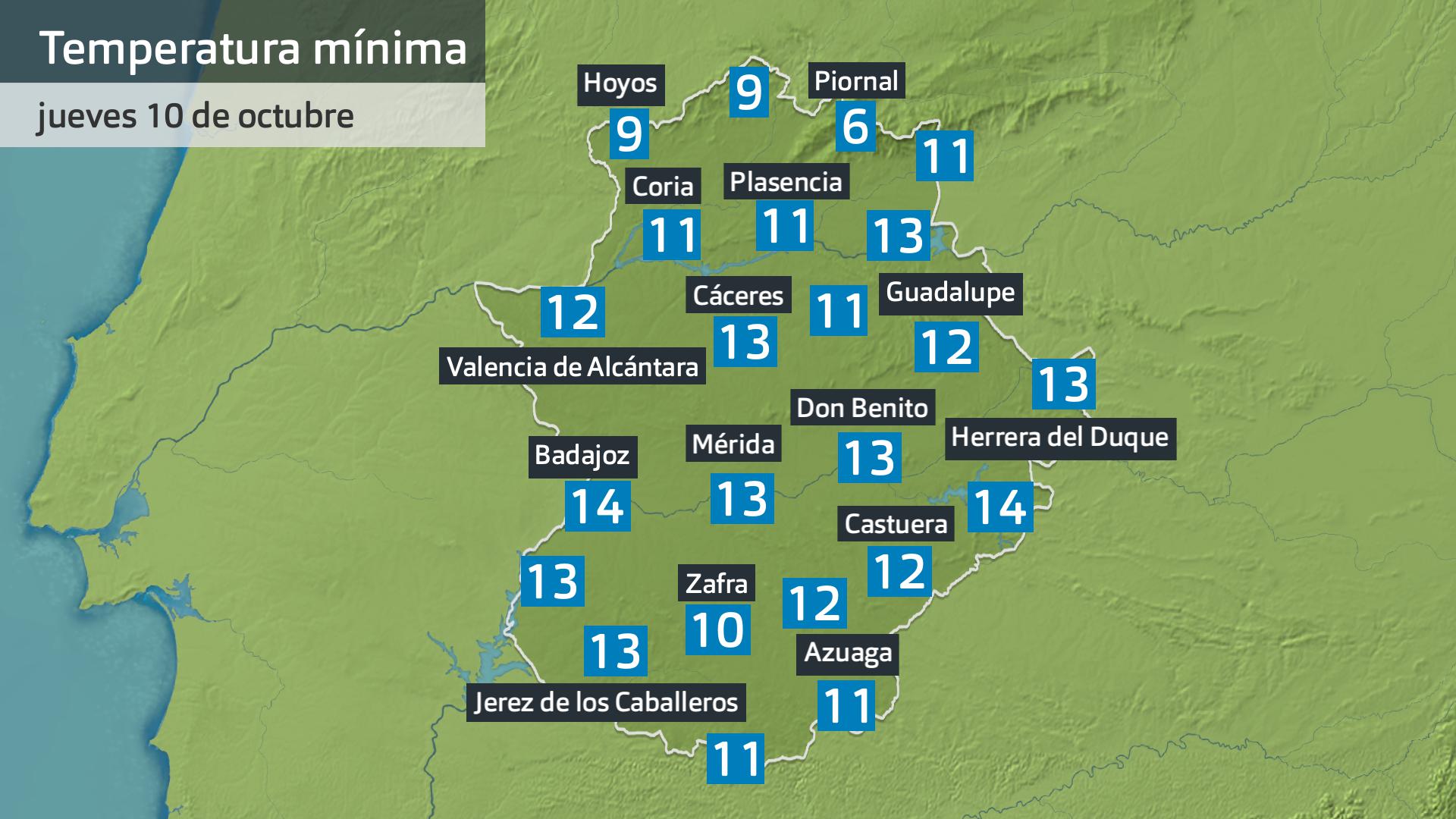 Temperatura mínima jueves 10 de octubre. Datos hasta las 6:45 h. Aemet, Meteoclimatic et al.