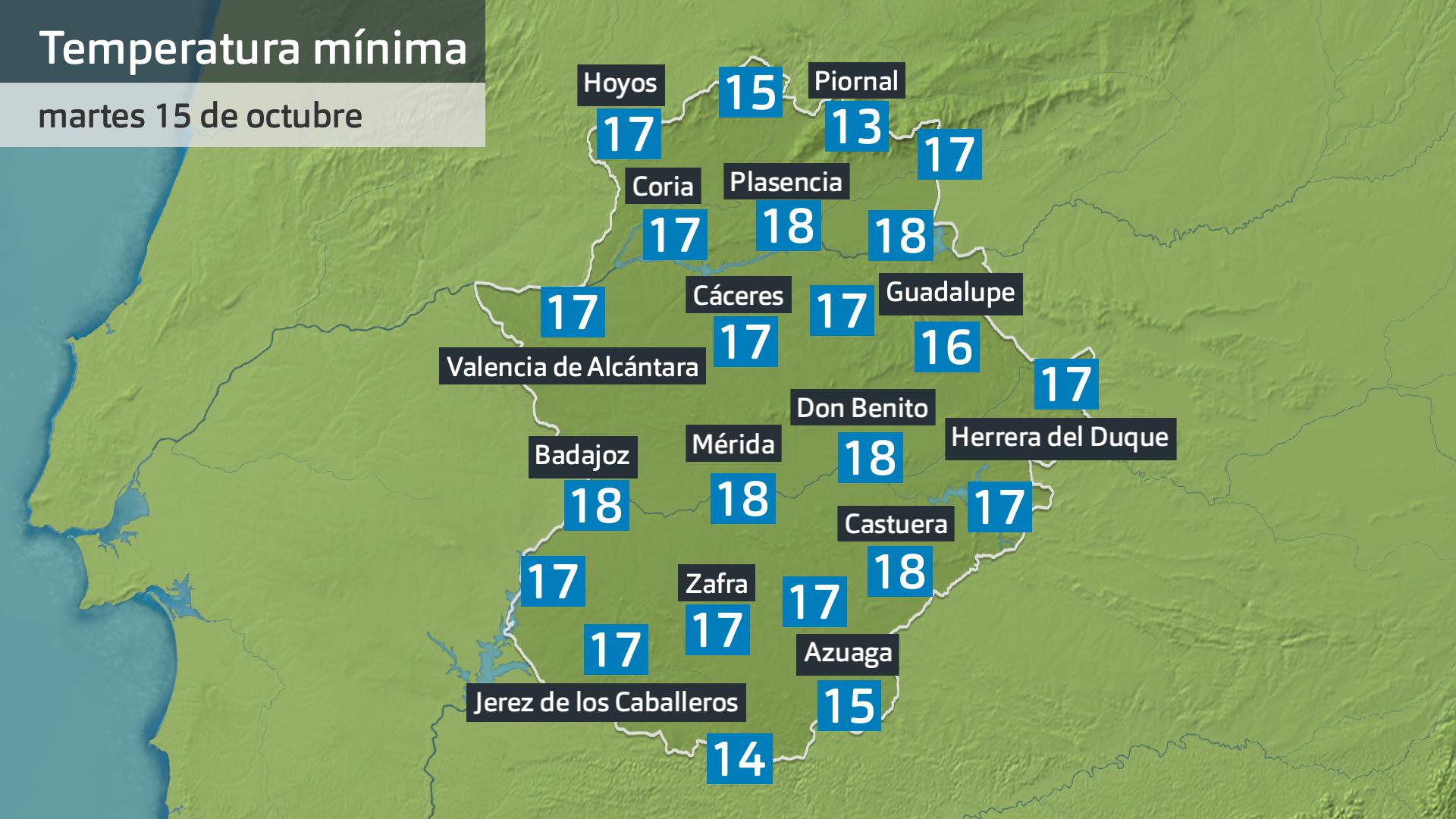 Temperatura mínima martes 15 de octubre. Datos hasta las 6:45 h. Aemet, Meteoclimatic et al.