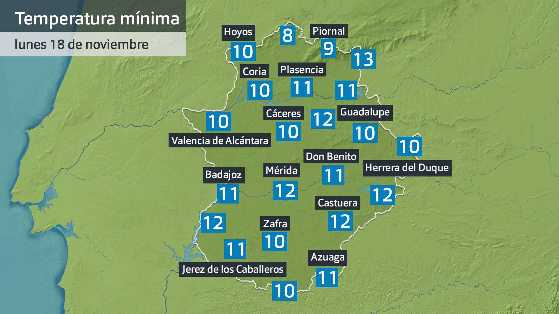 Temperatura mínima lunes 18 de noviembre. Datos hasta las 6:45 h. Aemet, Meteoclimatic et al.