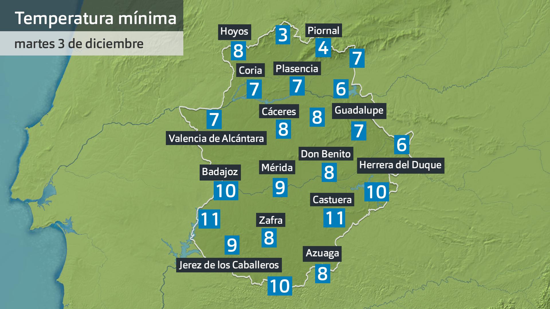 Temperatura mínima martes 3 de diciembre. Datos hasta las 6:45 h. Aemet, Meteoclimatic et al.