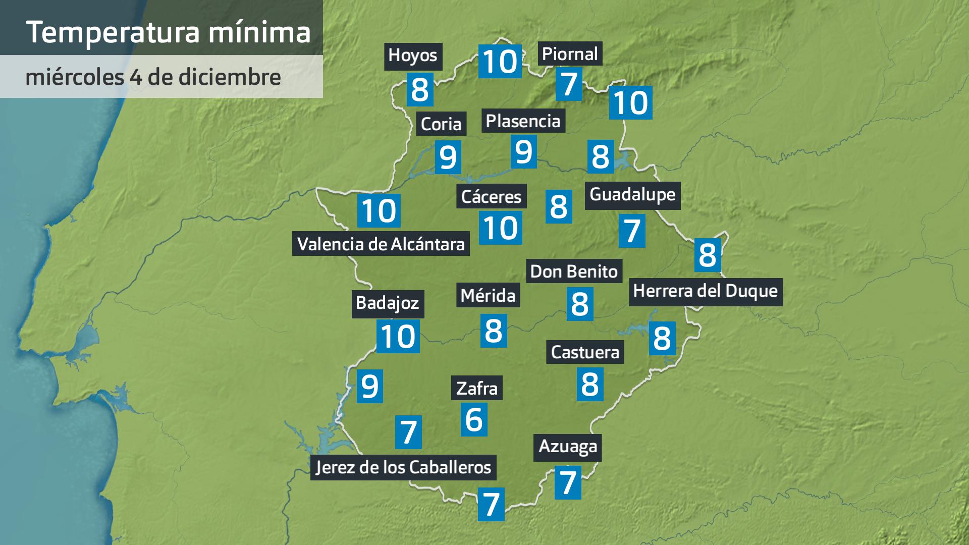 Temperatura mínima miércoles 4 de diciembre. Datos hasta las 6:45 h. Aemet, Meteoclimatic et al.